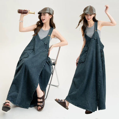【ワンピース】デニムキャミワンピース Vネック リボンデザイン ノースリーブワンピース ブルー ヴィンテージ風 ルーズフィット カジュアル 夏新作【JZシリーズ】