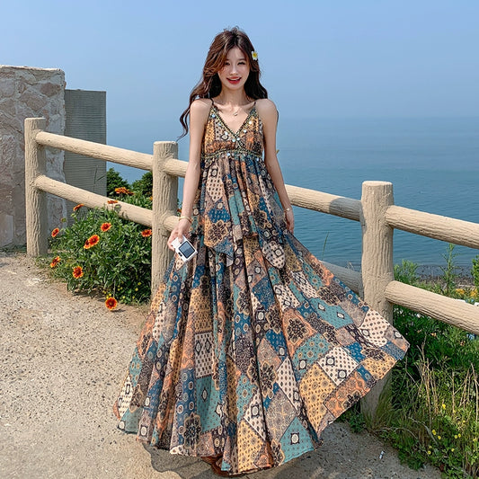 2点セット！【セットアップ】Vネック ボヘミアン柄キャミソール＋スカートセットアップ 夏のバカンスコーデ 上下セット【SHシリーズ】
