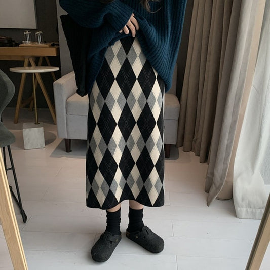 【24AW】【ボトムス】合わせやすい ハイウエスト ニット チェック柄 スカート