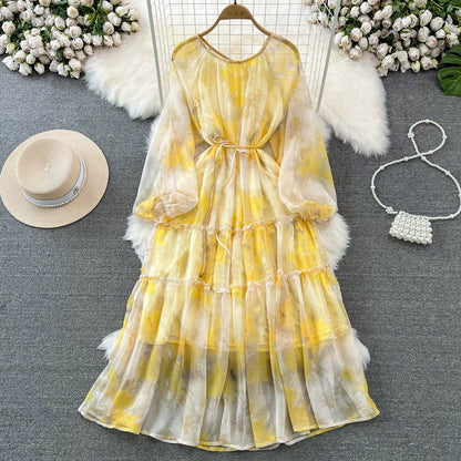 【ワンピース】長袖 ラウンドネック ウエストマーク Aライン 絞り染めプリント ロングワンピース リゾート 海辺 フレアワンピース【SHシリーズ】