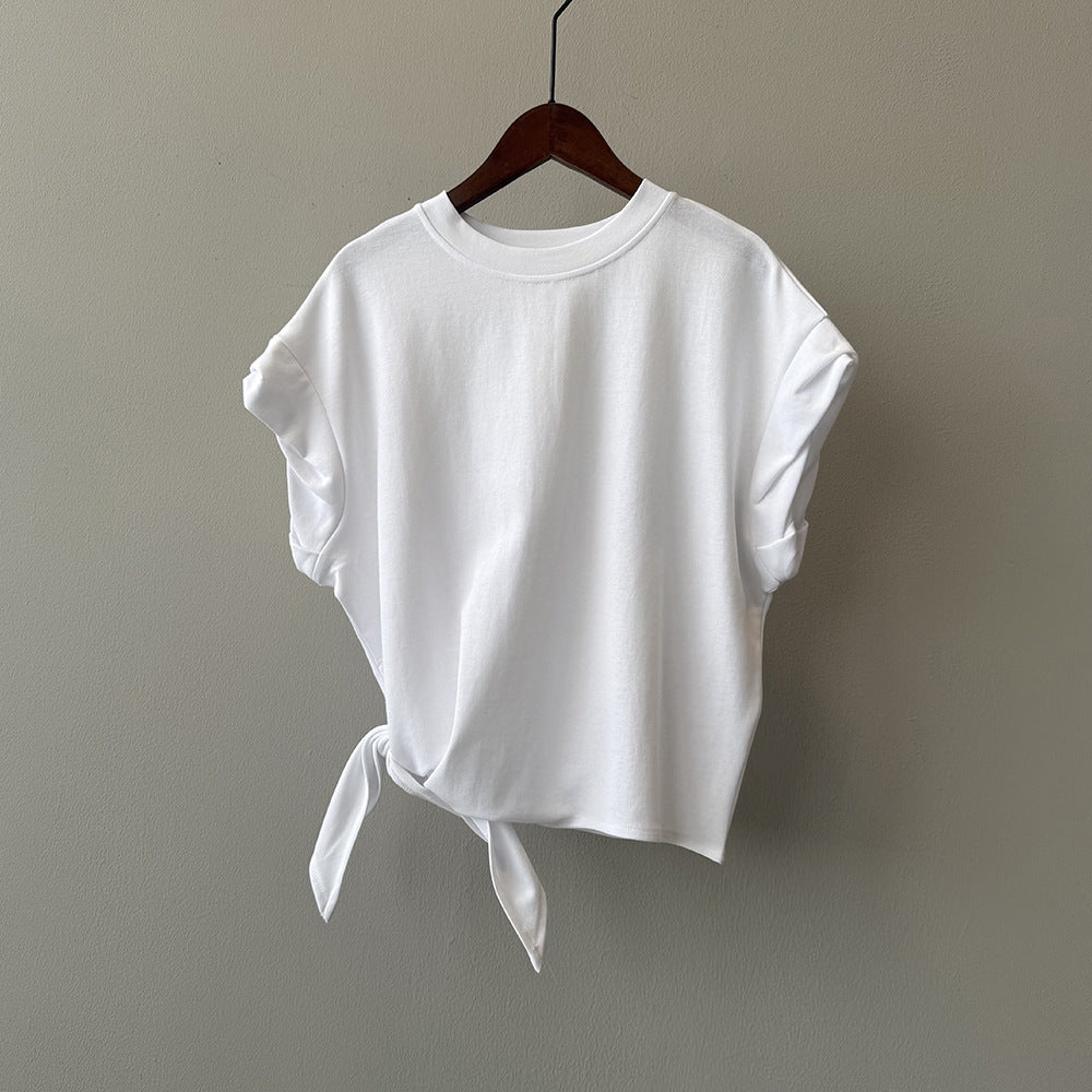 【トップス】夏新作 フレンチカジュアル 細見えシルエット リボンデザイン クルーネック半袖Tシャツ【JZシリーズ】