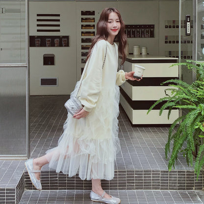 【ワンピース】カジュアル ミックス チュール 若見え 合わせやすい 長袖ワンピース【JZシリーズ】