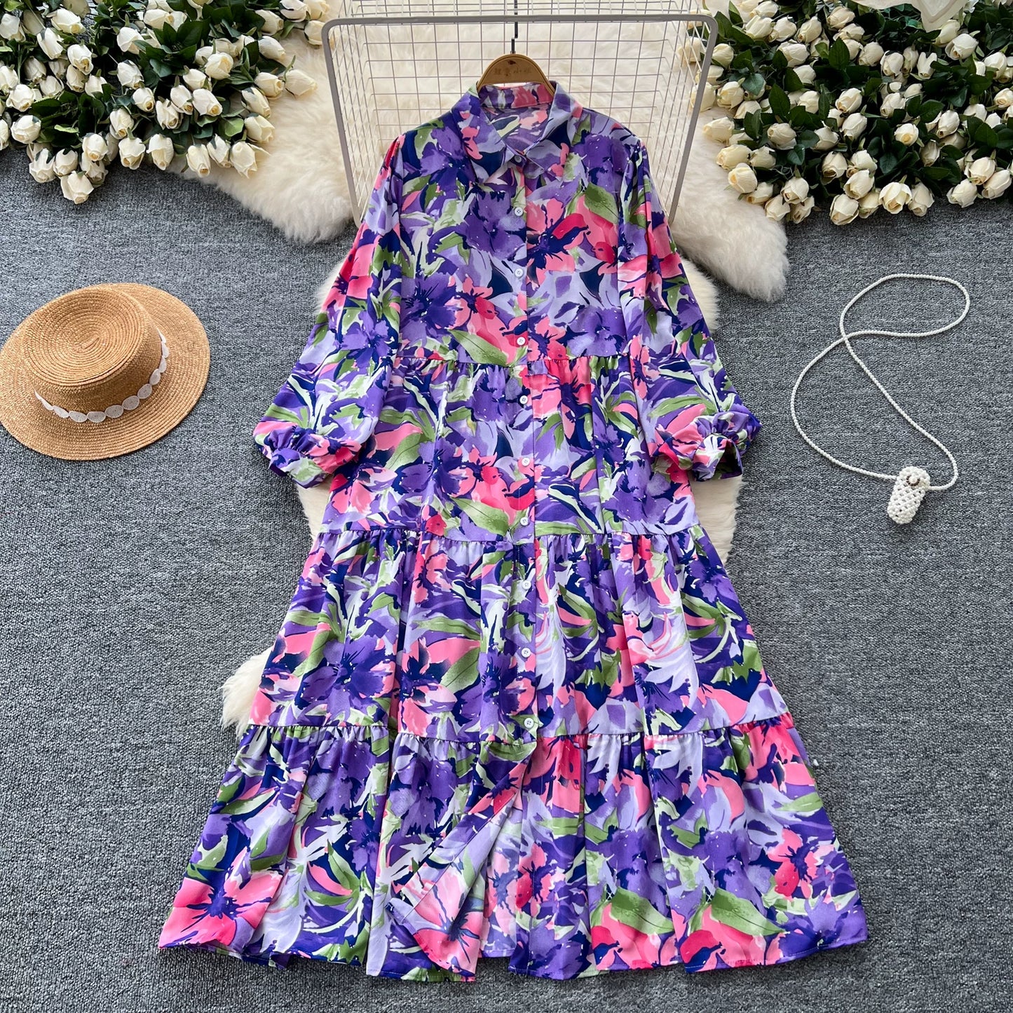 【60%OFF⭐️早い者勝ち】【ワンピース】プリント シングルボタン シャツ ロング丈 長袖 ワンピース 【SHシリーズ】