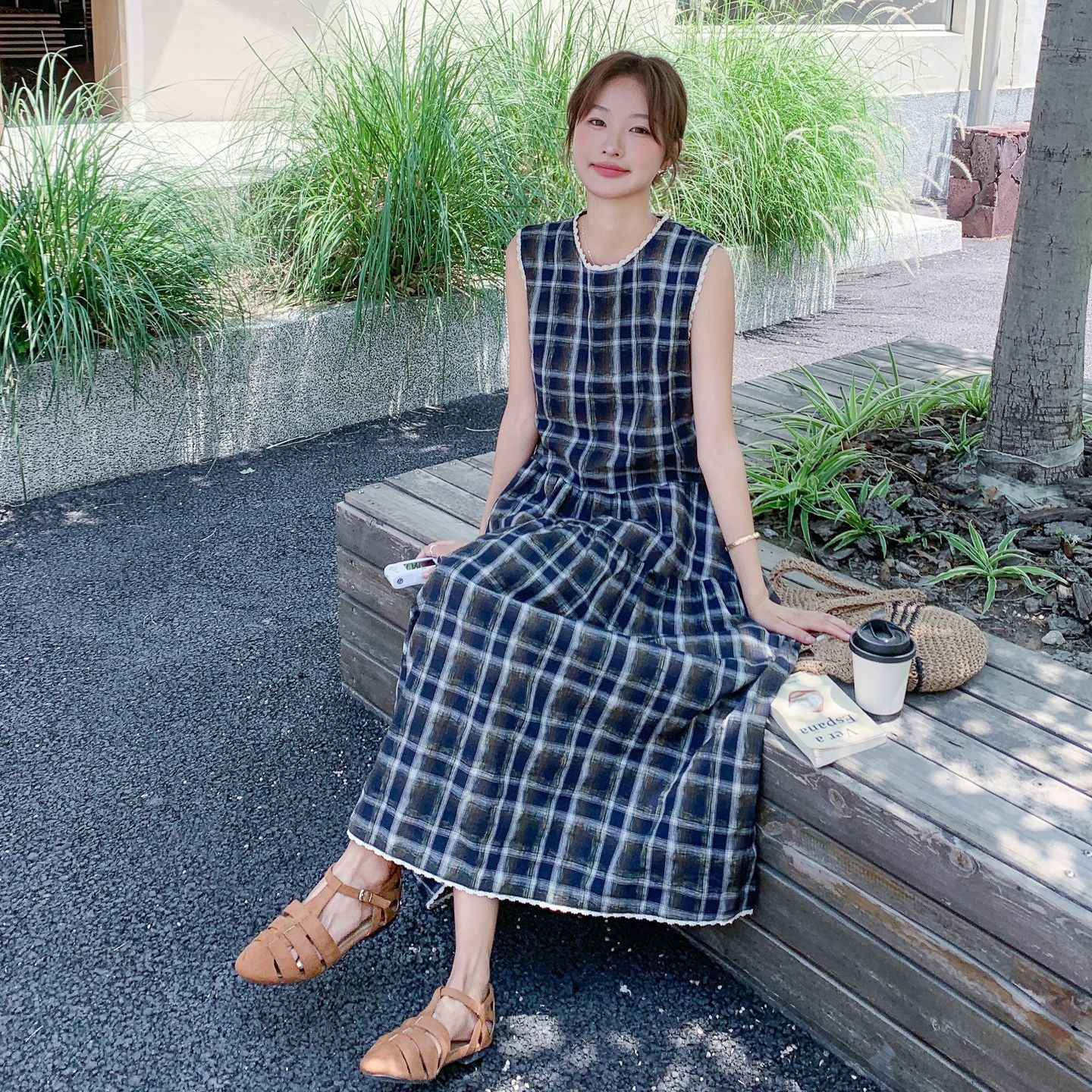 【ワンピース】フレンチリラックス感 カジュアルで細見え 気質 レトロチェック ノースリーブワンピース【SHシリーズ】