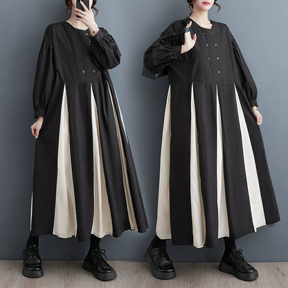 期間限定⭐️60%OFF【ワンピース】春秋新作 韓国風 ボリューム袖 モノトーン切り替え ダブルボタン 長袖ワンピース きれいめカジュアル【AHシリーズ】