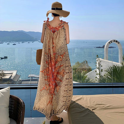 【ワンピース】ボヘミアン風 キャミワンピース レディース 夏 リゾートワンピース ロング丈 ノースリーブ 大人可愛い 海コーデ【SHシリーズ】