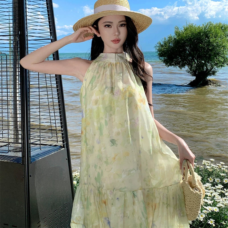 【ワンピース】ビーチリゾート 花柄ワンピース レディース 夏 ホルターネック ノースリーブ フリルデザイン ロング丈 大人可愛い【SHシリーズ】