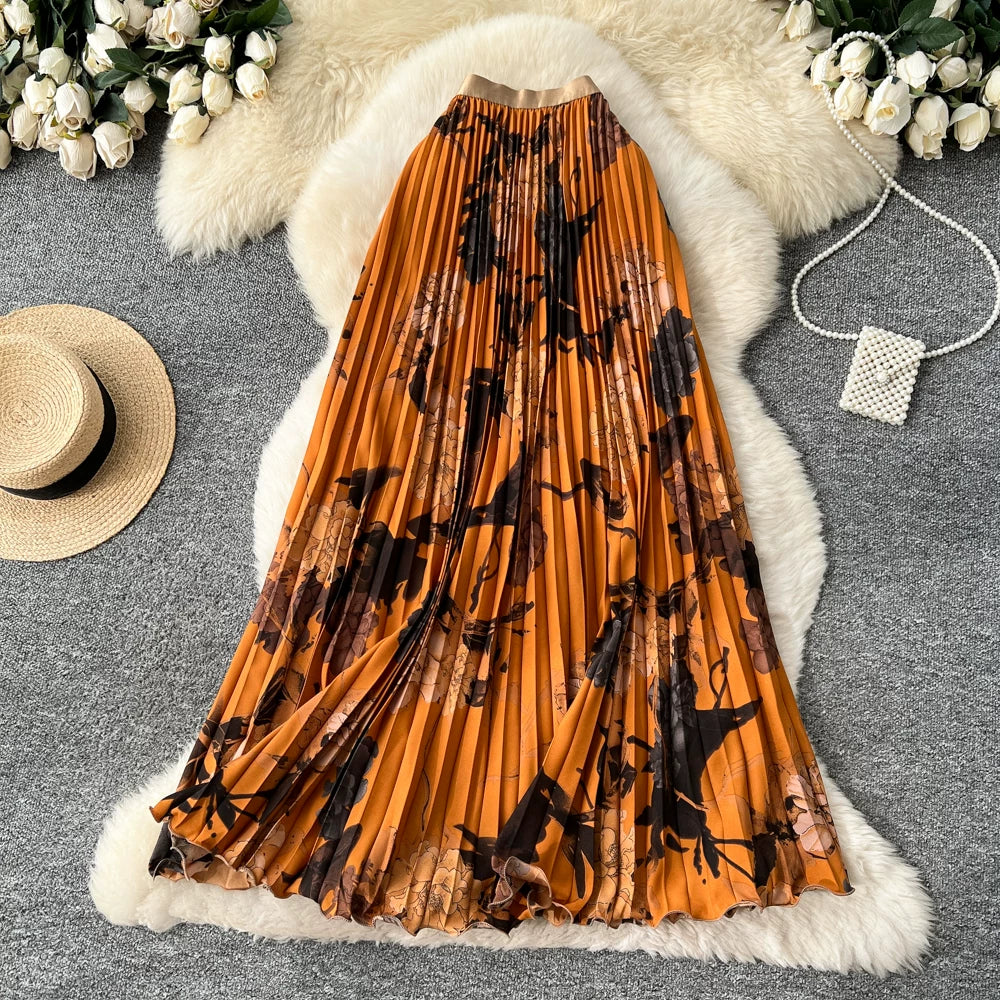 期間限定🍂60%OFF【ボトムス】レトロプリントAラインプリーツロングスカート レディース ハイウエスト 個性派デザイン きれいめ 通勤 大人っぽい【SHシリーズ】