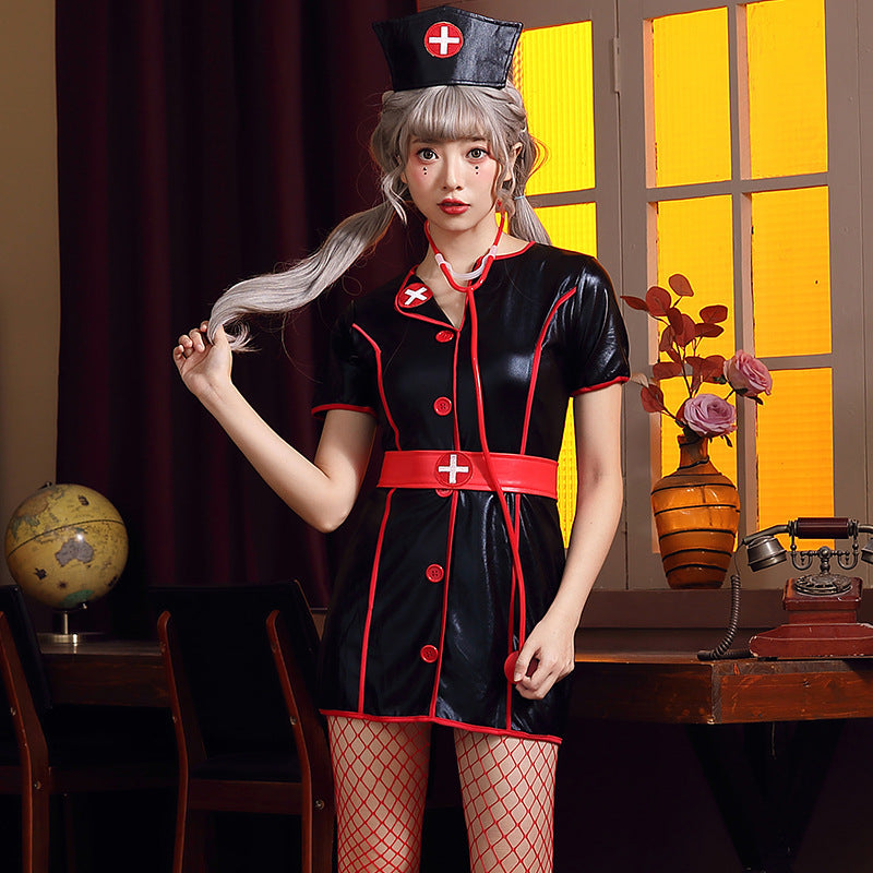 【ハロウィン】PUレザー黒ナースコスプレ・パーティー・ナイトクラブ・制服ワンピース