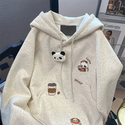 【トップス】🐼 韓国風 カートゥーン パンダ刺繍 フード付きパーカー レディース 秋 ゆったり【FCシリーズ】
