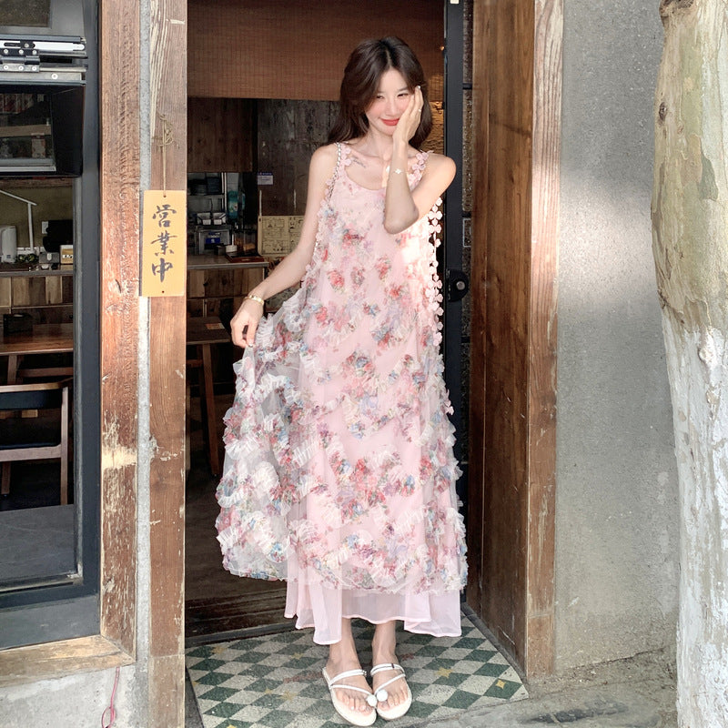 【ワンピース】ピンクロマンチック風 立体フラワー花柄 ノースリーブワンピース【SHシリーズ】