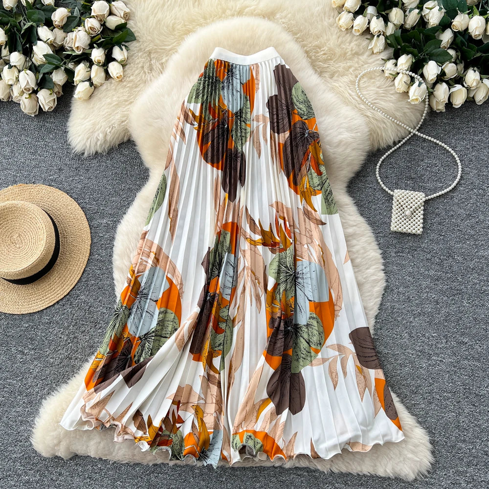 期間限定🍂60%OFF【ボトムス】レトロプリントプリーツAラインロングスカート レディース 夏新作 ハイウエスト ウエストゴム 落ち感 フレア 通勤【SHシリーズ】