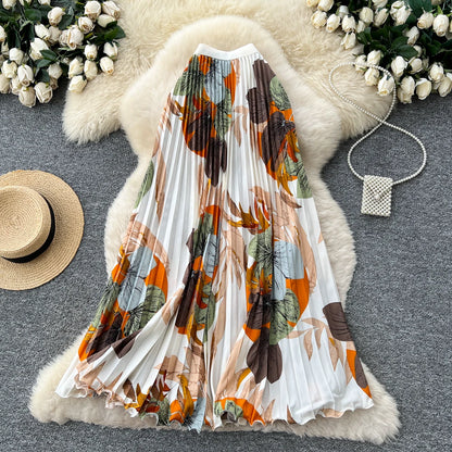 期間限定🍂60%OFF【ボトムス】レトロプリントプリーツAラインロングスカート レディース 夏新作 ハイウエスト ウエストゴム 落ち感 フレア 通勤【SHシリーズ】