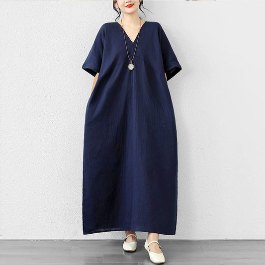 【ワンピース】無地 Vネック 2ボタン 半袖 ワンピース レディース 夏 ゆったり 大きいサイズ 体型カバー ロング丈 きれいめ ルーズ【JZシリーズ】