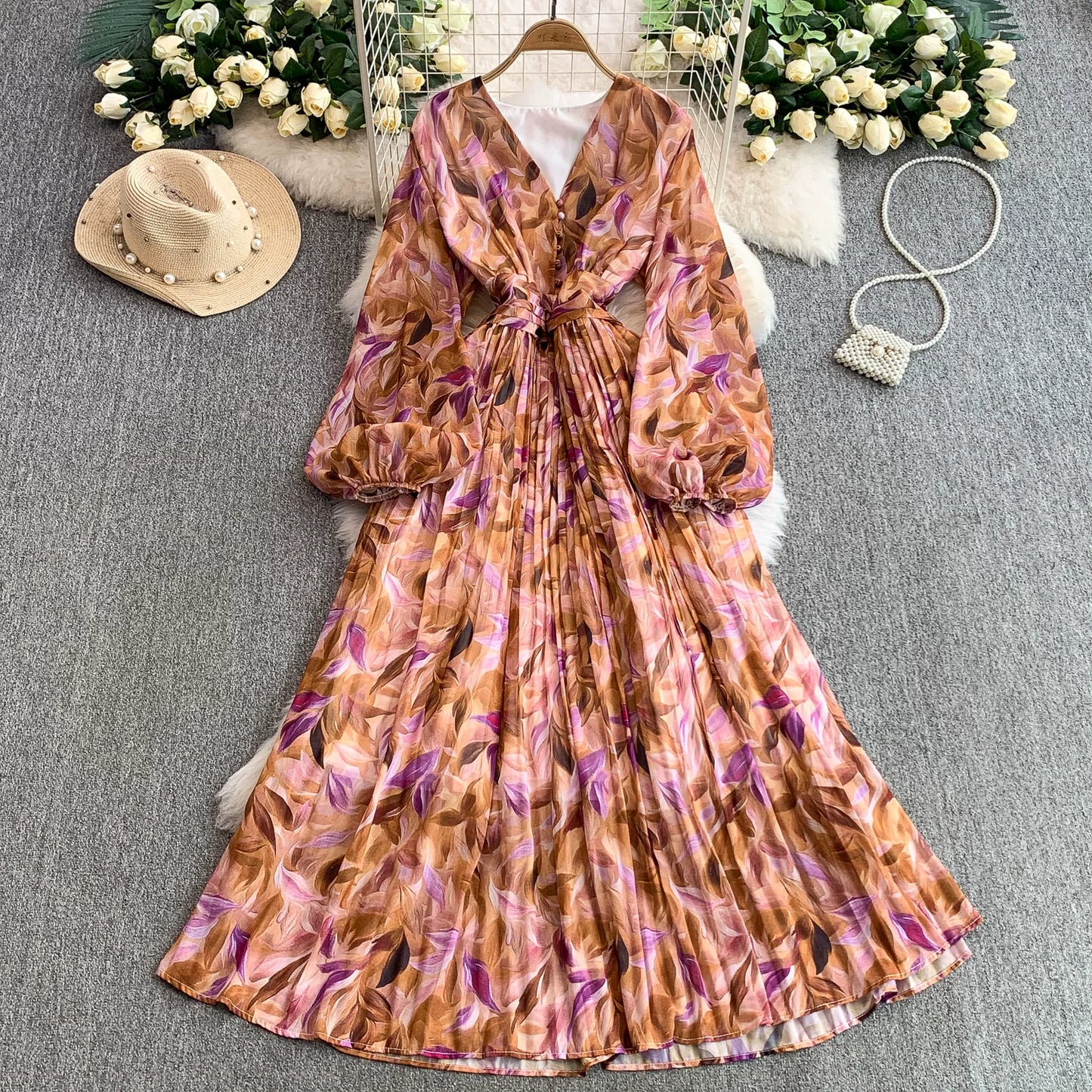 【ワンピース】大人フェミニン♡フレンチレトロ 長袖 花柄ワンピース｜ウエストマーク＆パフスリーブで細見え【SHシリーズ】