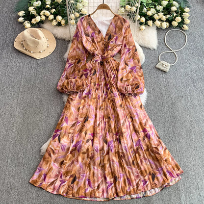 【ワンピース】大人フェミニン♡フレンチレトロ 長袖 花柄ワンピース｜ウエストマーク＆パフスリーブで細見え【SHシリーズ】