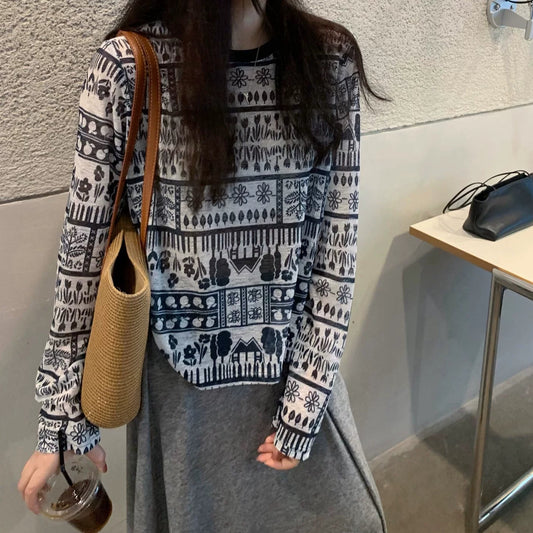 【トップス】総柄プリントロンT レディース 薄手 長袖 UV対策 クルーネック 春夏Ｔシャツ【JZシリーズ】