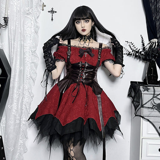 【ハロウィン】 ダークスタイル エレガント ワンピース+ベスト ゴシック 膝上 レッド+ブラック ワンピース