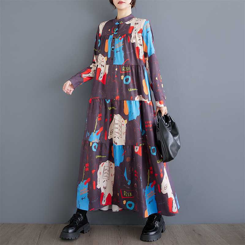 [洋裝] 春秋冬新款印花大尺碼百搭長袖洋裝【SH系列】