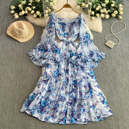 【ワンピース】褒められ確定！フレンチ小衆 長袖 プリントロングワンピース｜シフォン＆ベルスリーブ【SHシリーズ】