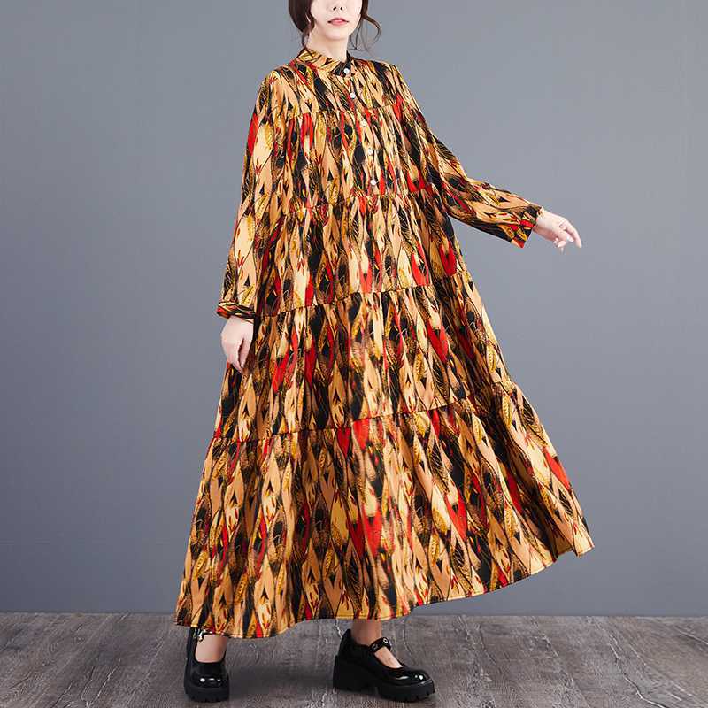 【ワンピース】春 秋 冬 大きいサイズ おしゃれ プリント 切り替え ティアードスカート【SHシリーズ】