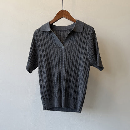 【トップス】ヴィンテージケーブル編みポロニット 半袖Tシャツ レディース 秋 Vネック スリムショート丈トップス【JZシリーズ】