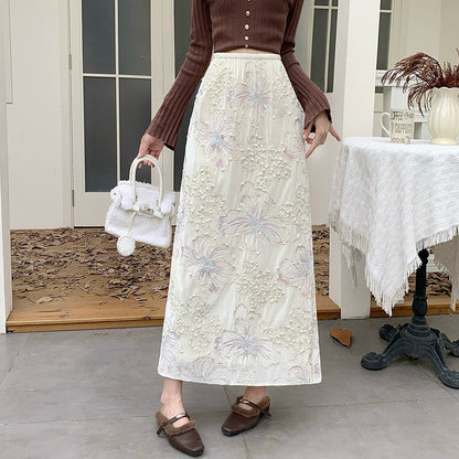 【ボトムス】刺繍＆ラメ入り 裏起毛 ベルベット タイトスカート 秋冬 後ろスリット 上品 ロング丈【SHシリーズ】