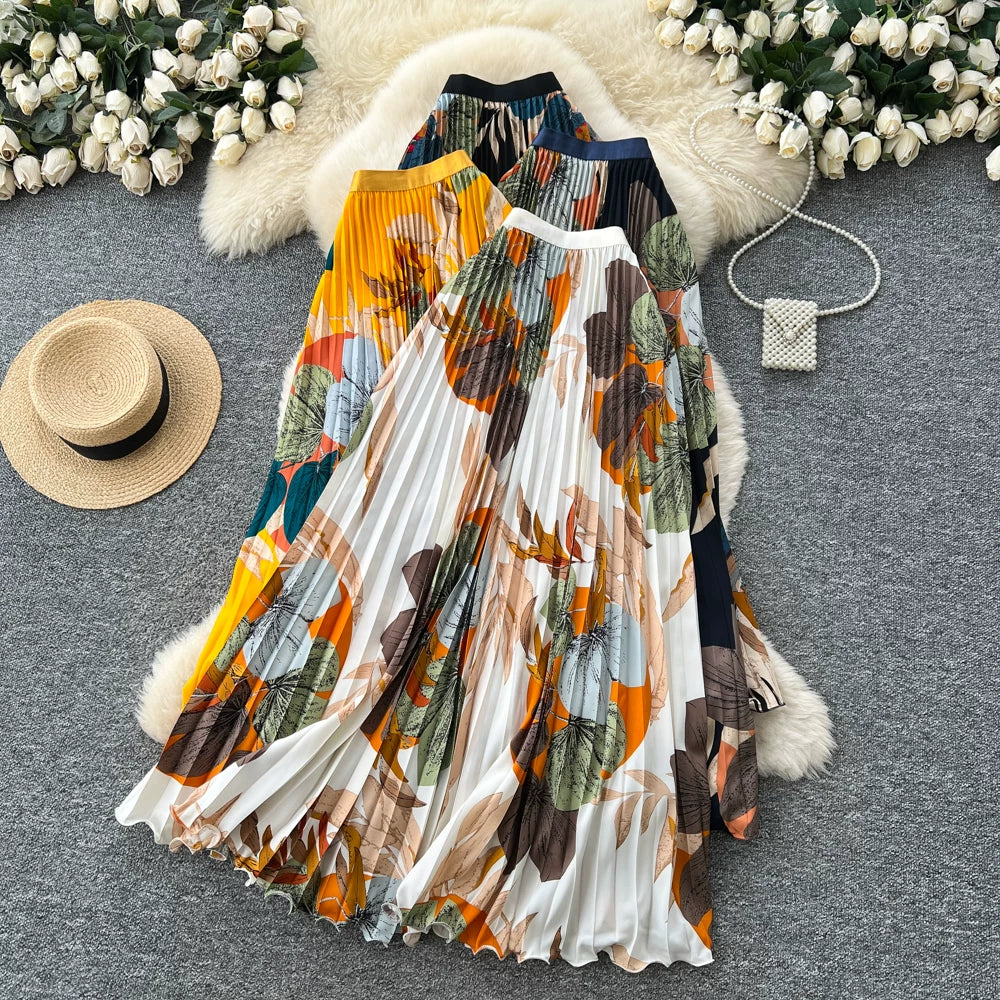 期間限定🍂60%OFF【ボトムス】レトロプリントプリーツAラインロングスカート レディース 夏新作 ハイウエスト ウエストゴム 落ち感 フレア 通勤【SHシリーズ】