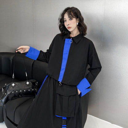 2点セット！【セットアップ】モードデザイン 配色切替 ショートトップス＋ウエストゴム スカート 上下セット レディース 春秋【AHシリーズ】