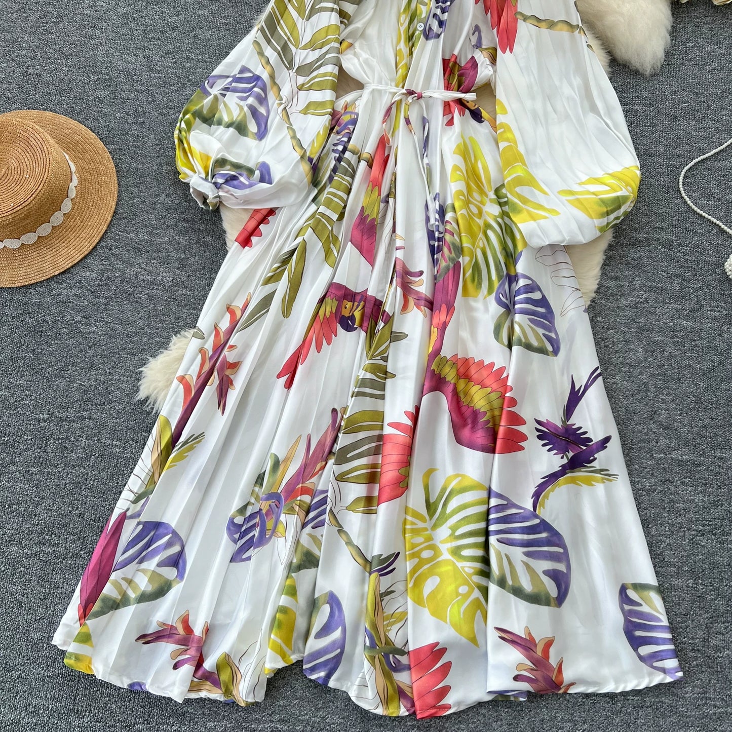 【ワンピース】前開き バルーンスリーブ タック入り フレア 長袖 ワンピース 【SHシリーズ】