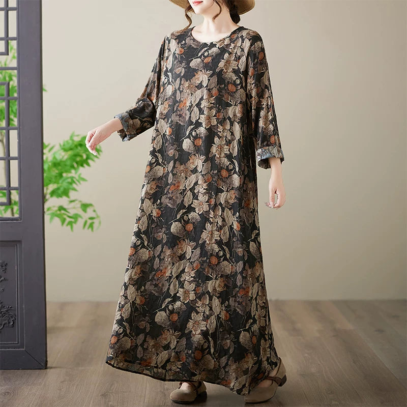 【ワンピース】春新作 花柄 クルーネック 長袖 ワンピース ゆったり 大きいサイズ 体型カバー リゾート風【SHシリーズ】