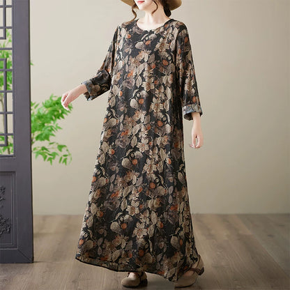 【ワンピース】春新作 花柄 クルーネック 長袖 ワンピース ゆったり 大きいサイズ 体型カバー リゾート風【SHシリーズ】