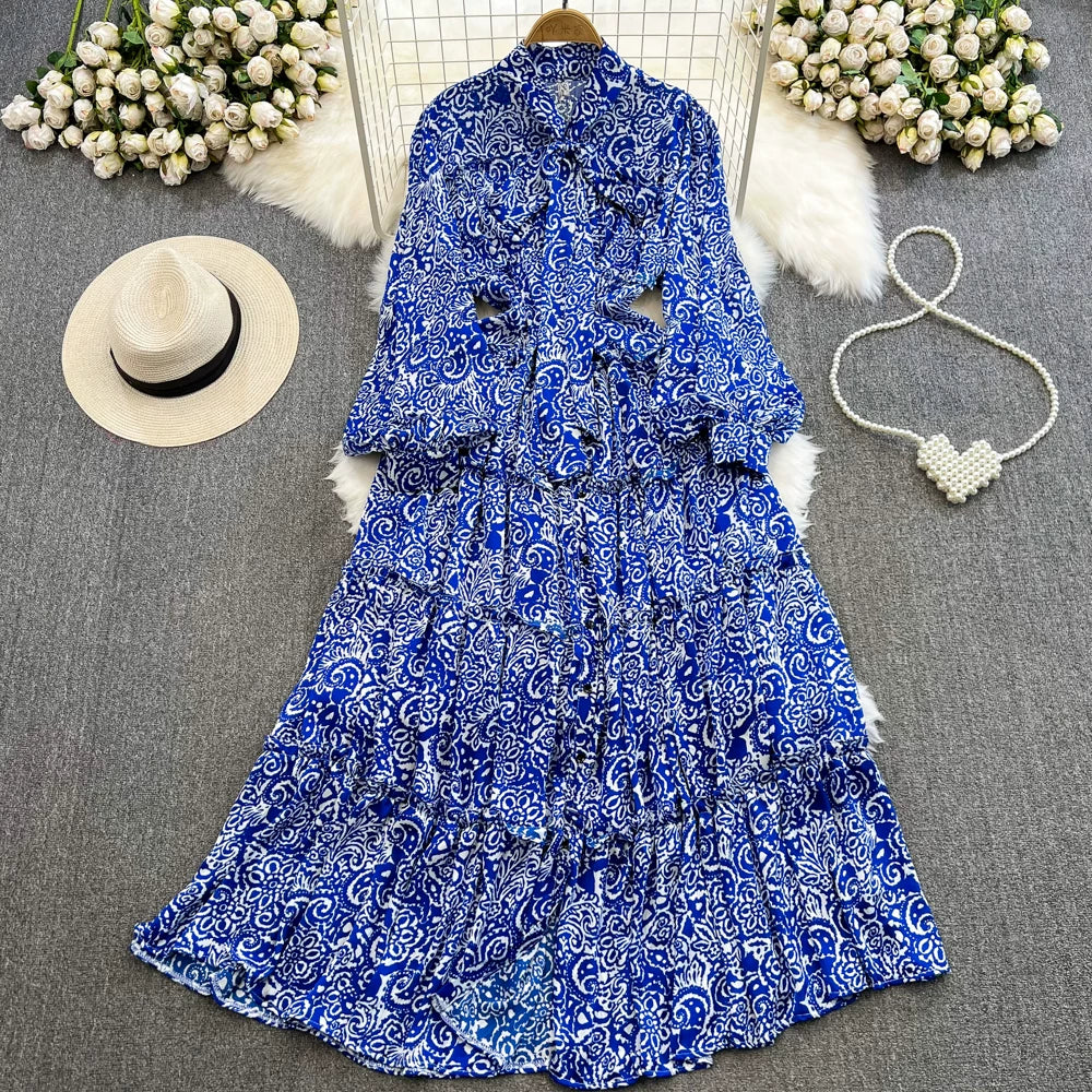 【ワンピース】シングルボタン プリント レディライク フレア 長袖 ワンピース 【SHシリーズ】