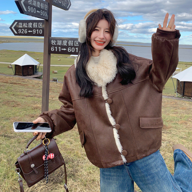 【アウター】おしゃれ キャメル色 大きめファー付きショートダウンコート 2025冬 アメリカンヴィンテージ風 小柄向け 厚手 保温コート レディース【JZシリーズ】