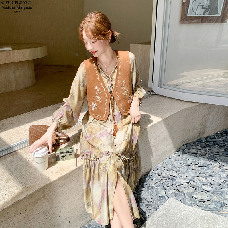 【セットアップ】ボヘミアン風 レイヤード 花柄刺繍レース ベスト＋レトロ 長袖ワンピース レディース 秋新作【SHシリーズ】