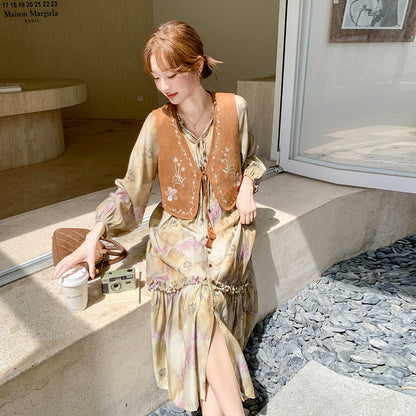 【セットアップ】ボヘミアン風 レイヤード 花柄刺繍レース ベスト＋レトロ 長袖ワンピース レディース 秋新作【SHシリーズ】