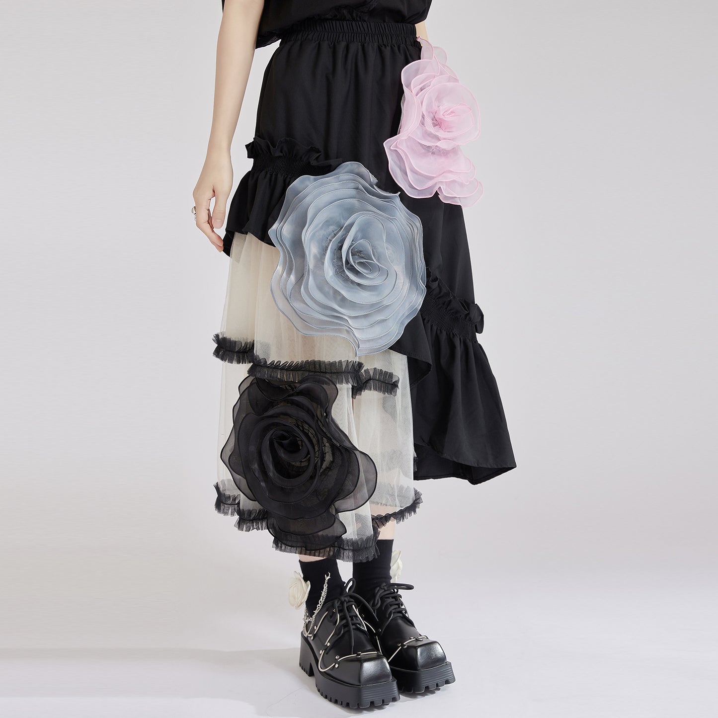 【ボトムス】春 秋 夏 ふんわり 不規則 切り替え 大きなローズ スカート 【AHシリーズ】