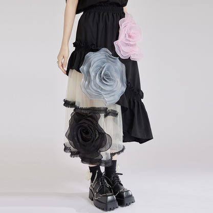 【ボトムス】春 秋 夏 ふんわり 不規則 切り替え 大きなローズ スカート 【AHシリーズ】