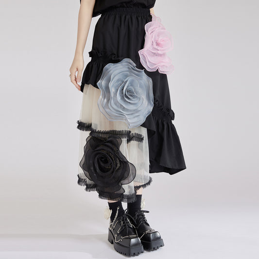 【ボトムス】春 秋 夏 ふんわり 不規則 切り替え 大きなローズ スカート 【AHシリーズ】