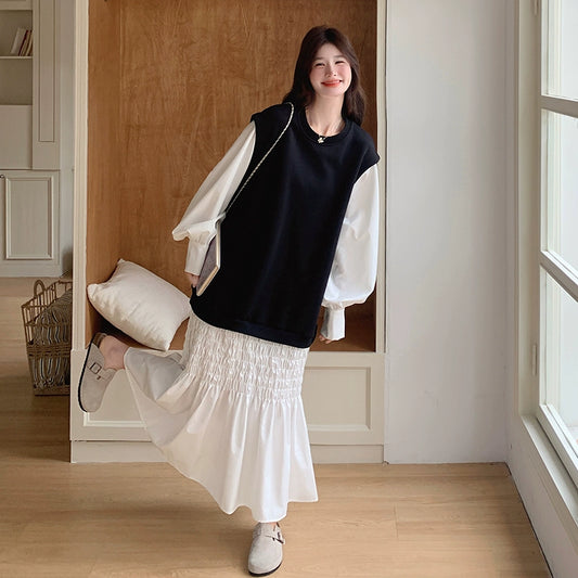 【ワンピース】レイヤード風 スウェットワンピース レディース ゆったり 体型カバー カジュアル ロング丈 長袖ワンピース 冬向け【JZシリーズ】