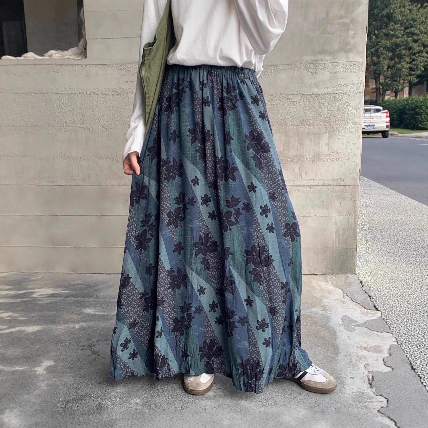 【ボトムス】レトロ配色 花柄プリント スカート ハイウエスト 秋新作 カジュアル フェミニン【SHシリーズ】