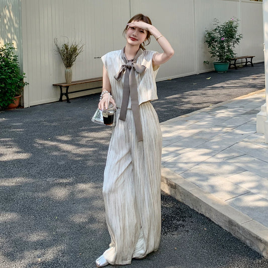 2点セット【セットアップ】ストライプベスト＋ワイドパンツ 上下セット レディース ノースリーブ 上品シルエット 軽やかサマーカジュアル【JZシリーズ】