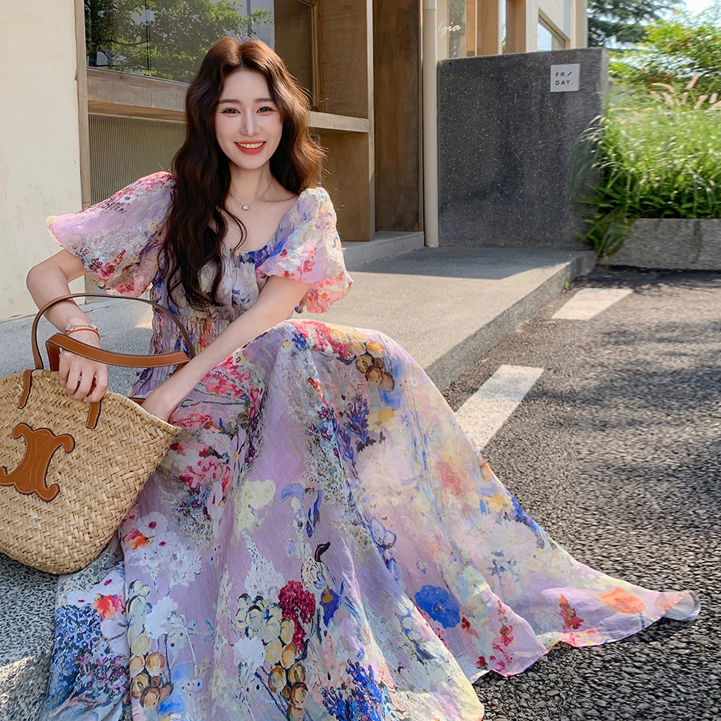 【ワンピース】夏 ドーパミン フラワー 油絵プリント 半袖ワンピース【SHシリーズ】