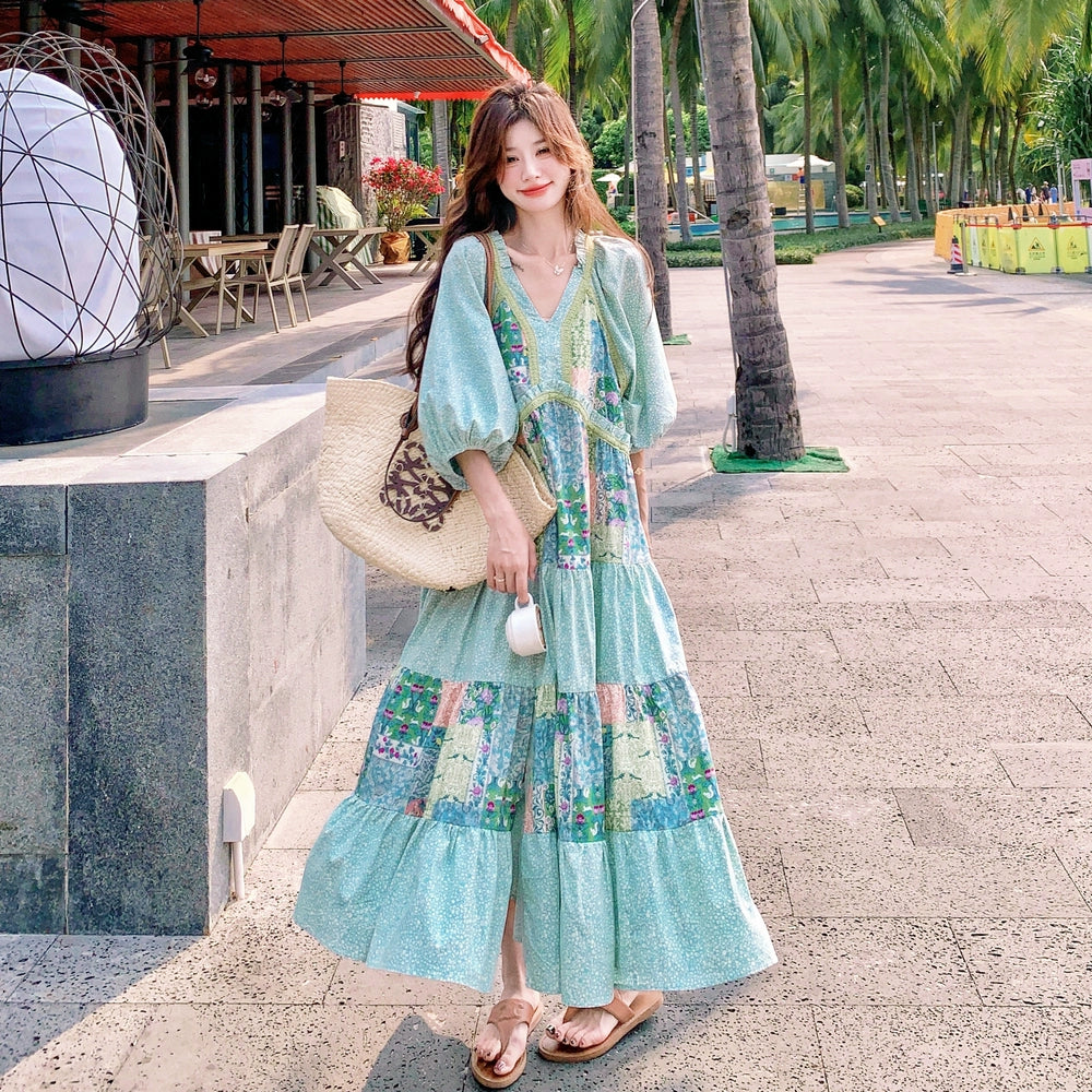 【ワンピース】森ガール風 ロマンチックグリーン切り替え 大裾Vネック 半袖ワンピース【SHシリーズ】