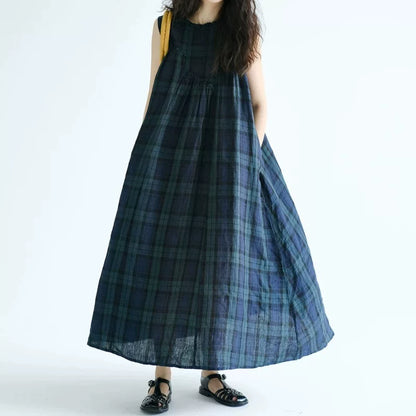 【ワンピース】チェック柄ノースリーブワンピース レディース 夏 大きいサイズ フリル切替 ゆったり ロング丈【JZシリーズ】