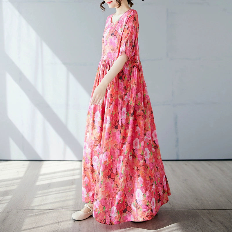 【ワンピース】レトロ 気質 花柄 細見え 半袖ワンピース【SHシリーズ】