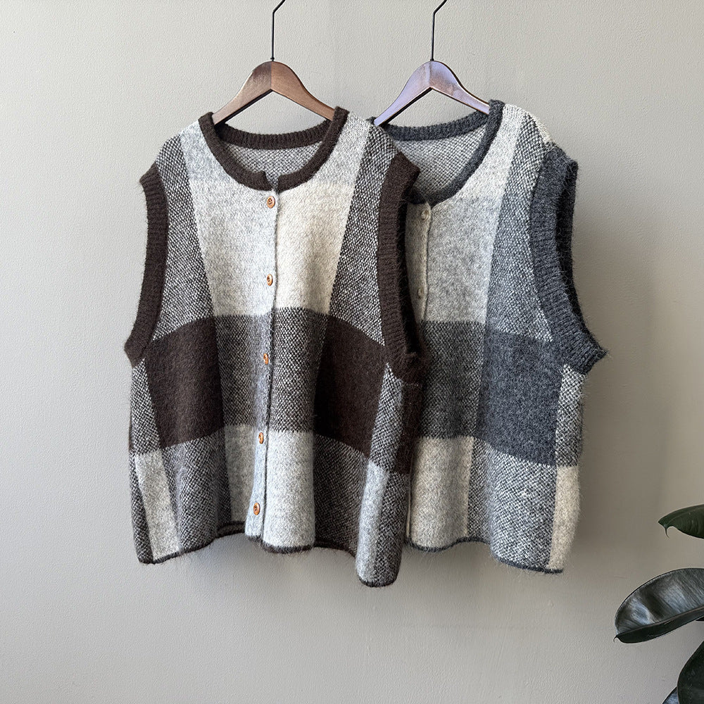 【トップス】レトロ 配色 チェック ニット ベスト レディース 秋 ゆったり クルーネック セーター【JZシリーズ】