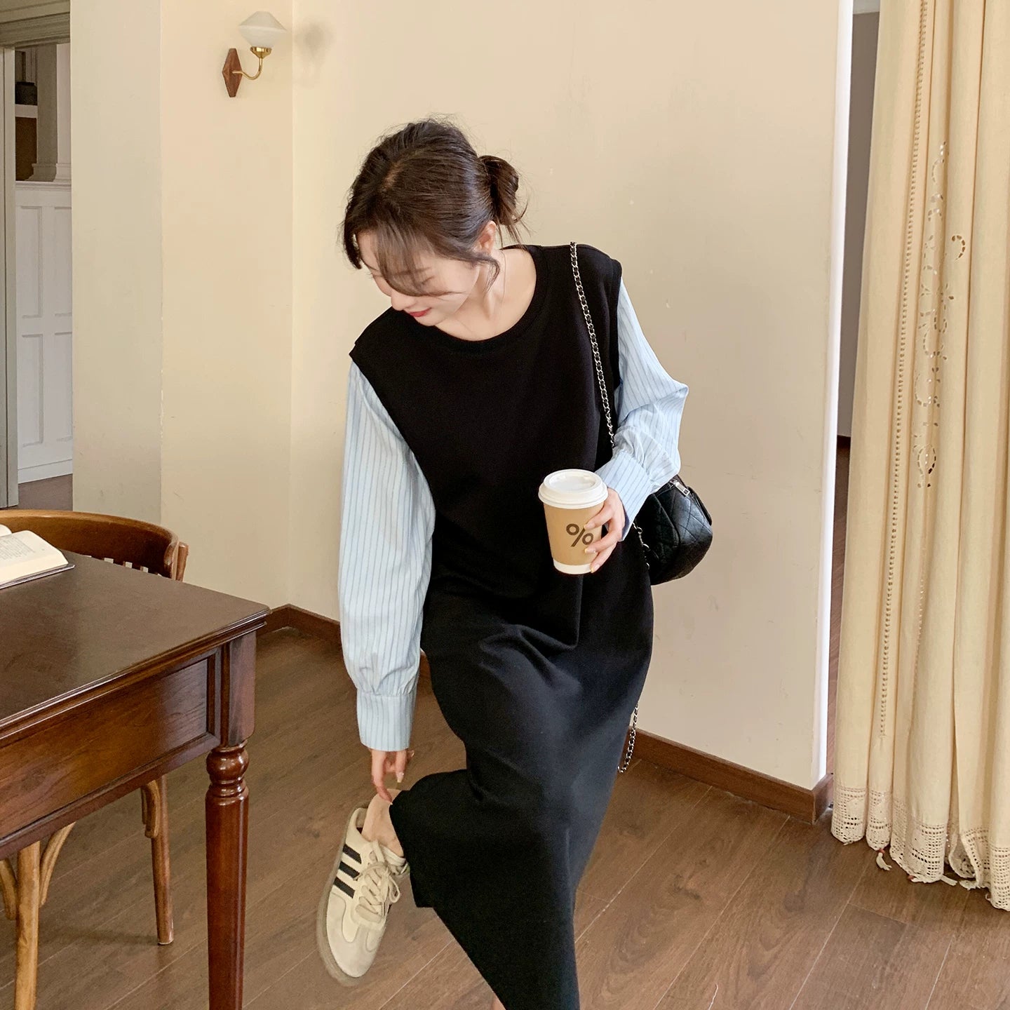 【ワンピース】レイヤード風ワンピース レディース 長袖 ボーダー切り替え スウェットワンピース ゆったり リラックス 秋コーデ【JZシリーズ】