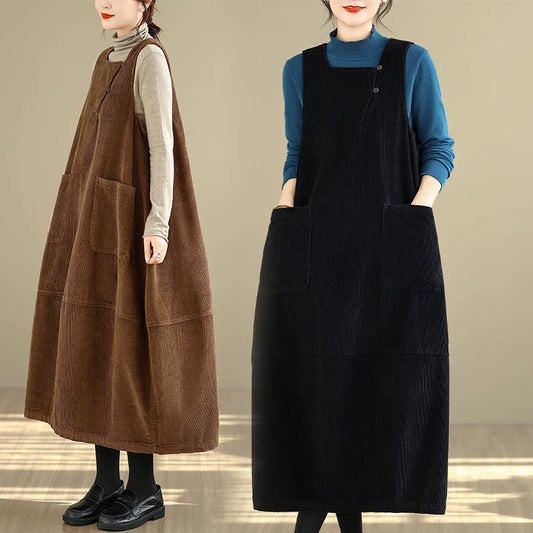 【ワンピース】スクエアネック コーデュロイ 綿100％ ロング丈 ノースリーブワンピース 冬用【AHシリーズ】