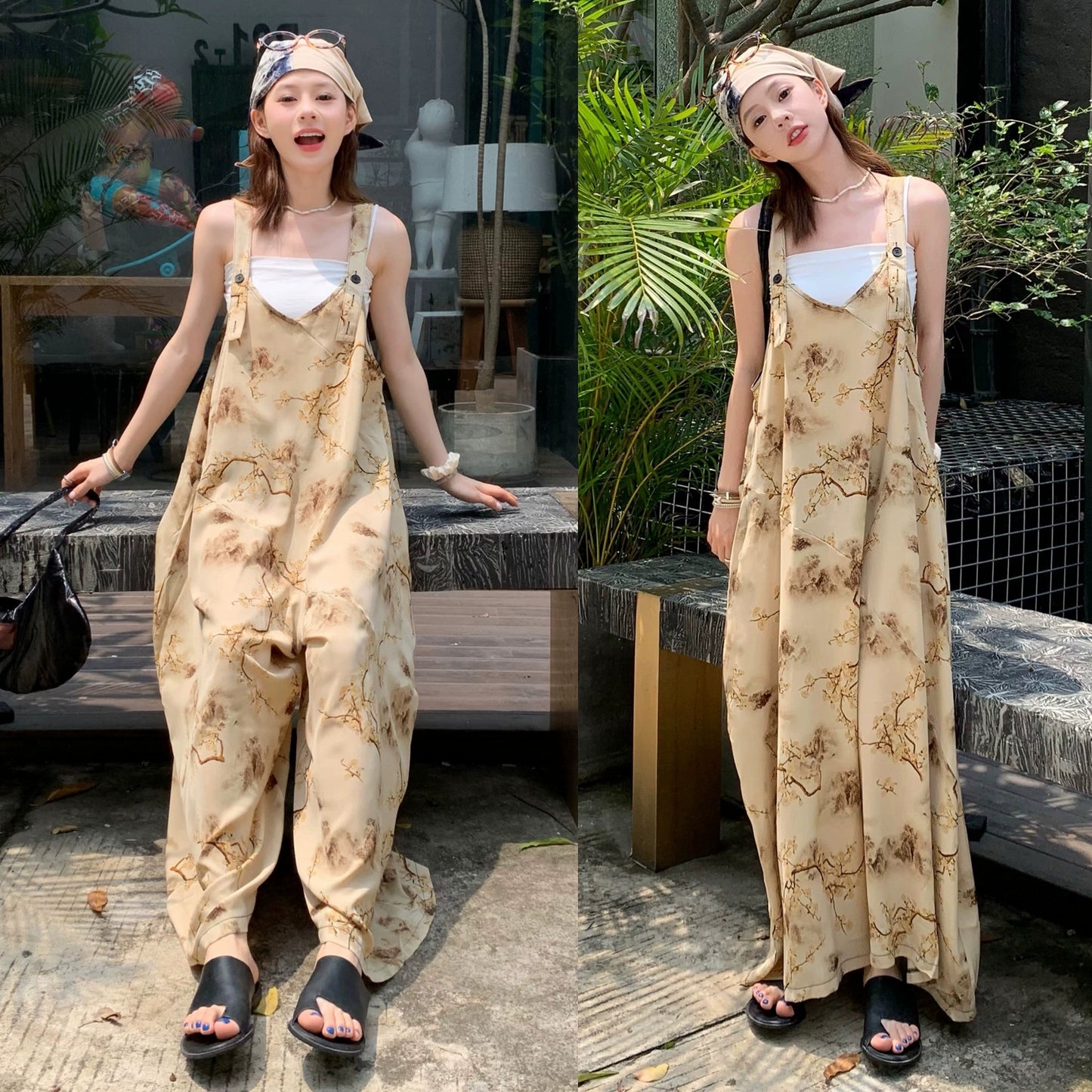 【ボトムス】夏 ゆったりカジュアル お洒落なアート風 山水画プリント ベージュ系オールインワン【SHシリーズ】